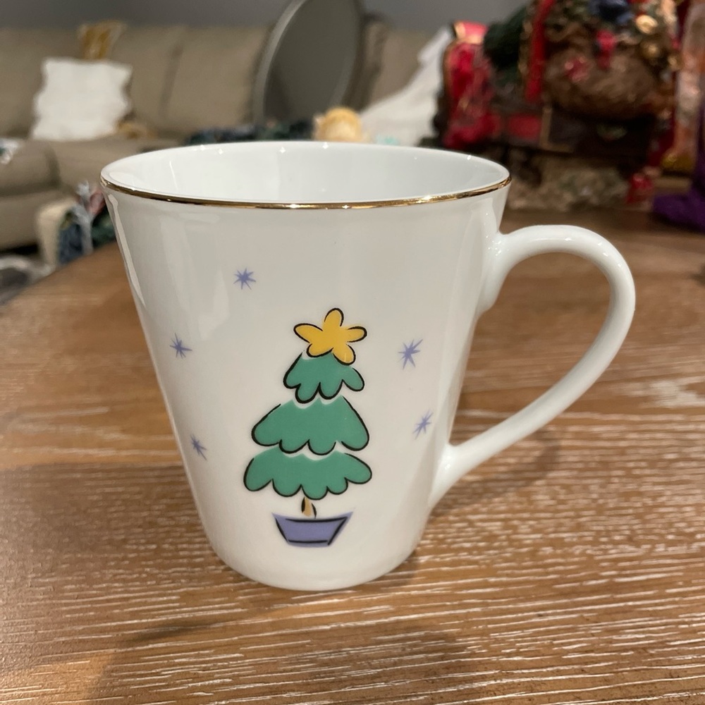 Merry Brite: Merry Christmas with Christmas Tree Coffee Mug / Cup Gold Trim